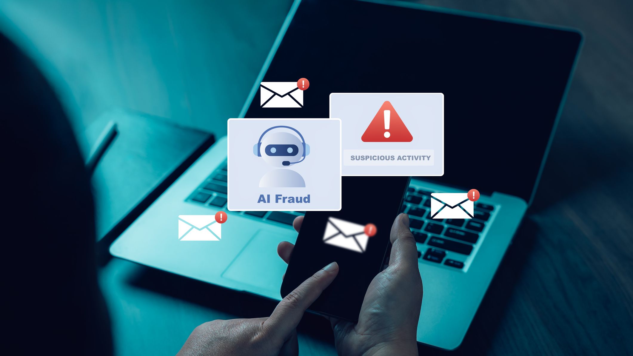 Person using smartphone with AI fraud, suspicious activity, and email alert icons, representing phishing detection, scam prevention