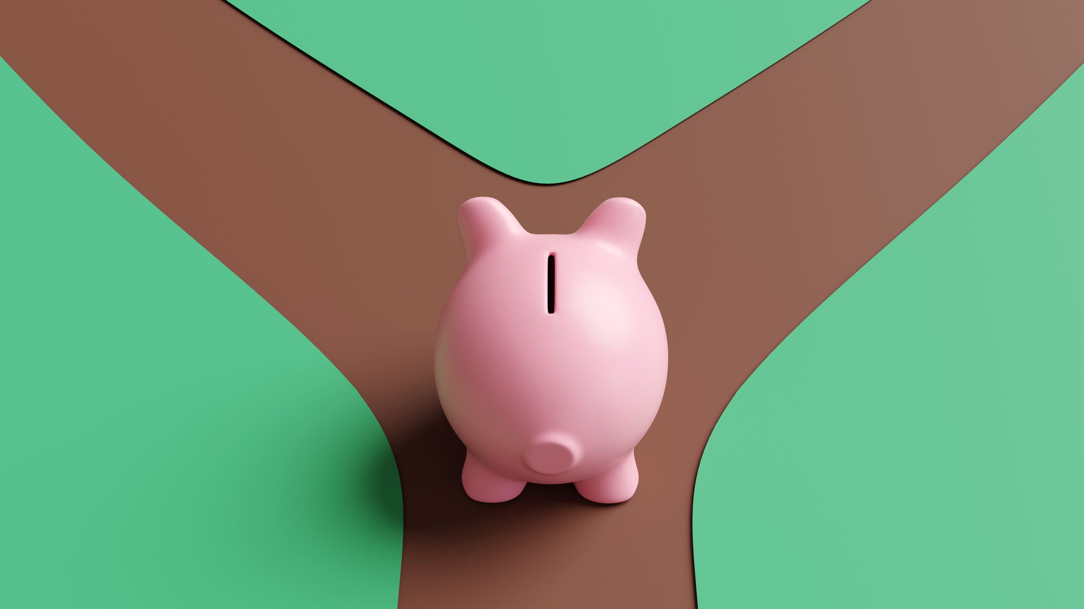 a piggy bank approaching a fork in the road
