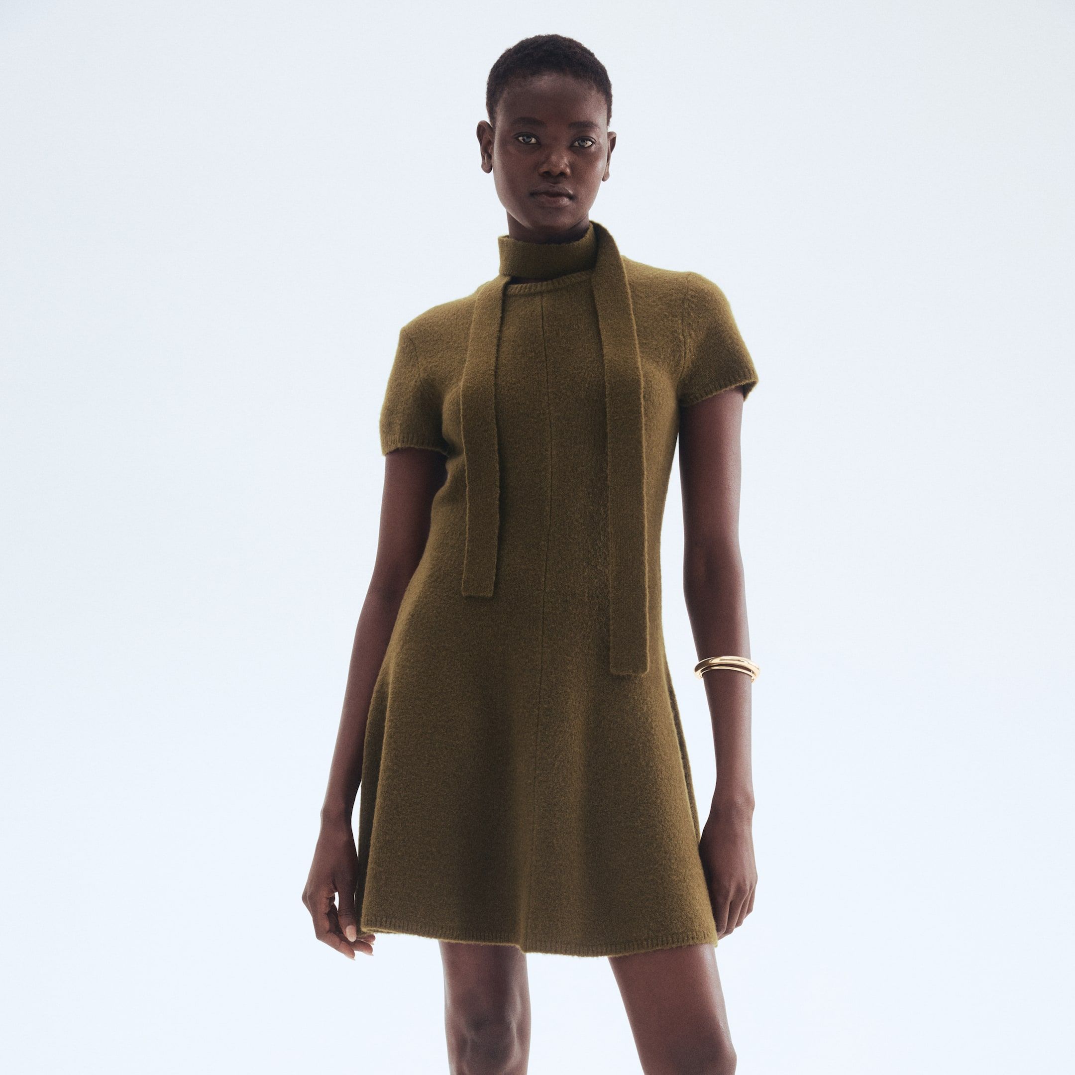 Scarf-Detail Knitted Dress - Dark Khaki Green