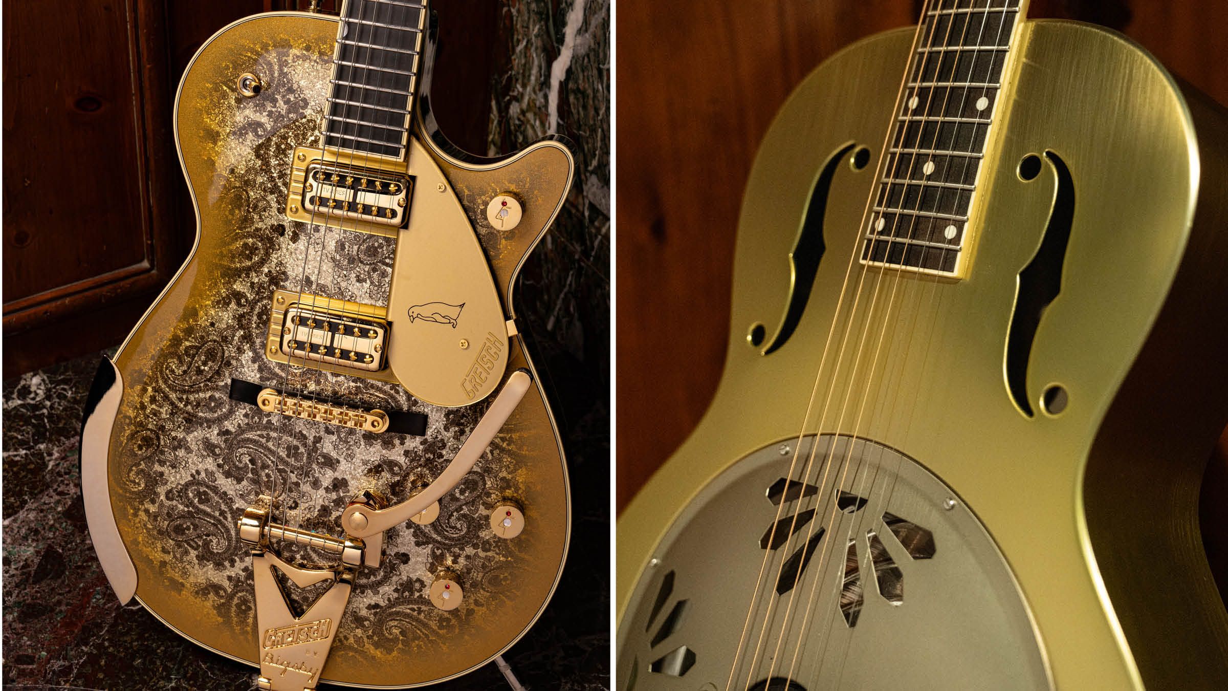 Gloriously adorned with a gold edge burst finish over a gold Gloriously adorned with a gold edge burst finish over a gold