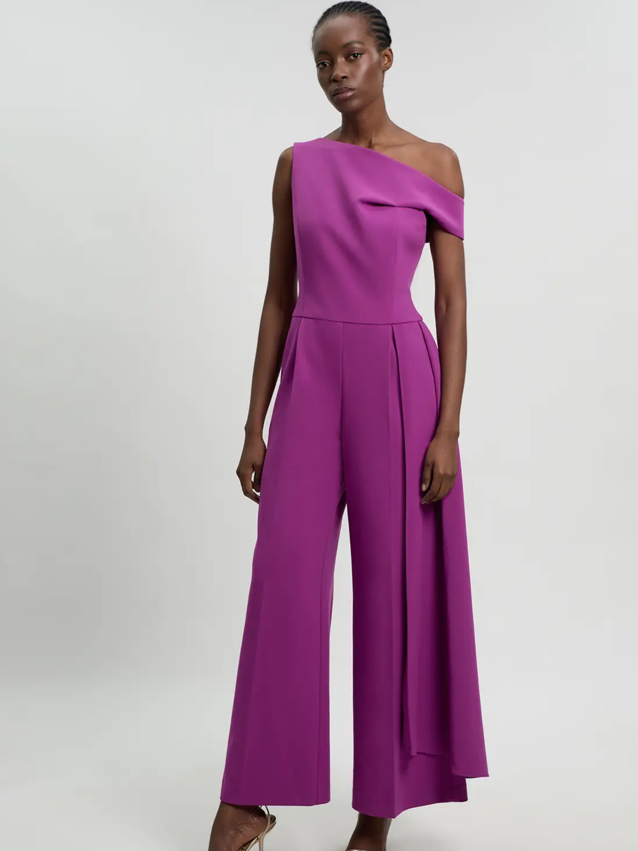 Compact Stretch Asymmetric Neck Wide Leg Jumpsuit on model