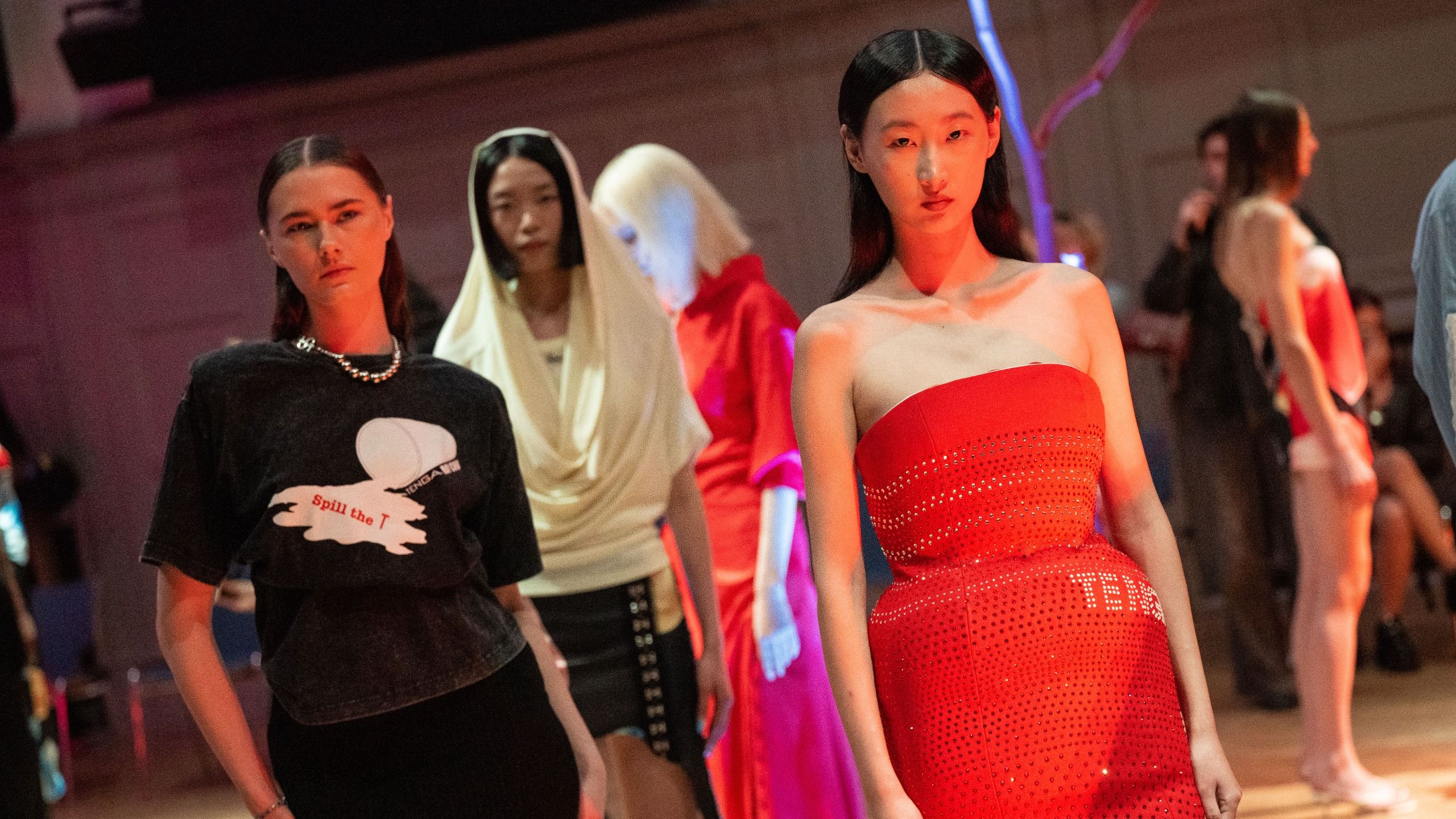 models pose during the Ray Chu presentation during London Fashion Week September 2025 at Bishopsgate Institute