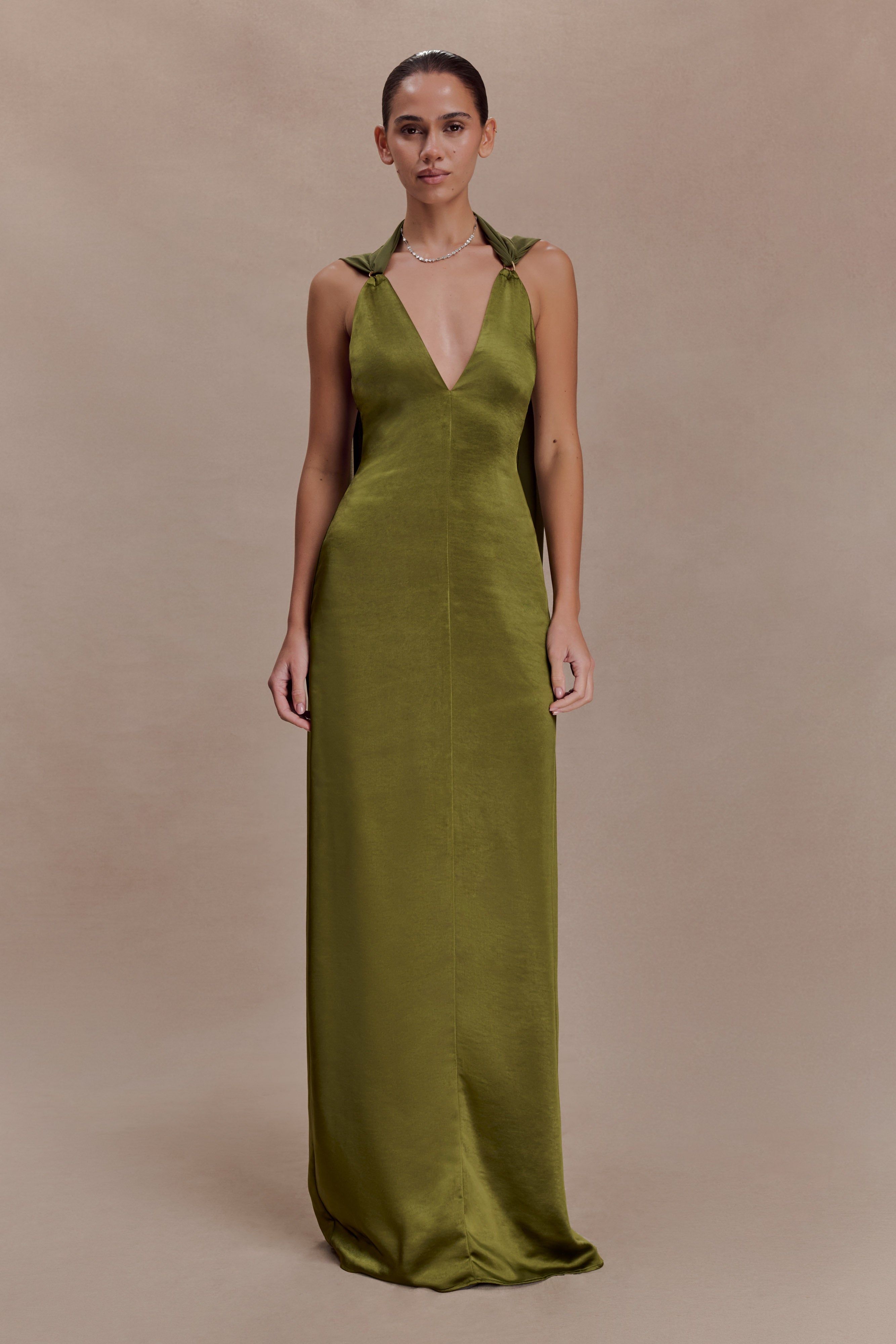 Myla Draped Shoulders Satin Maxi Dress - Khaki Xxs