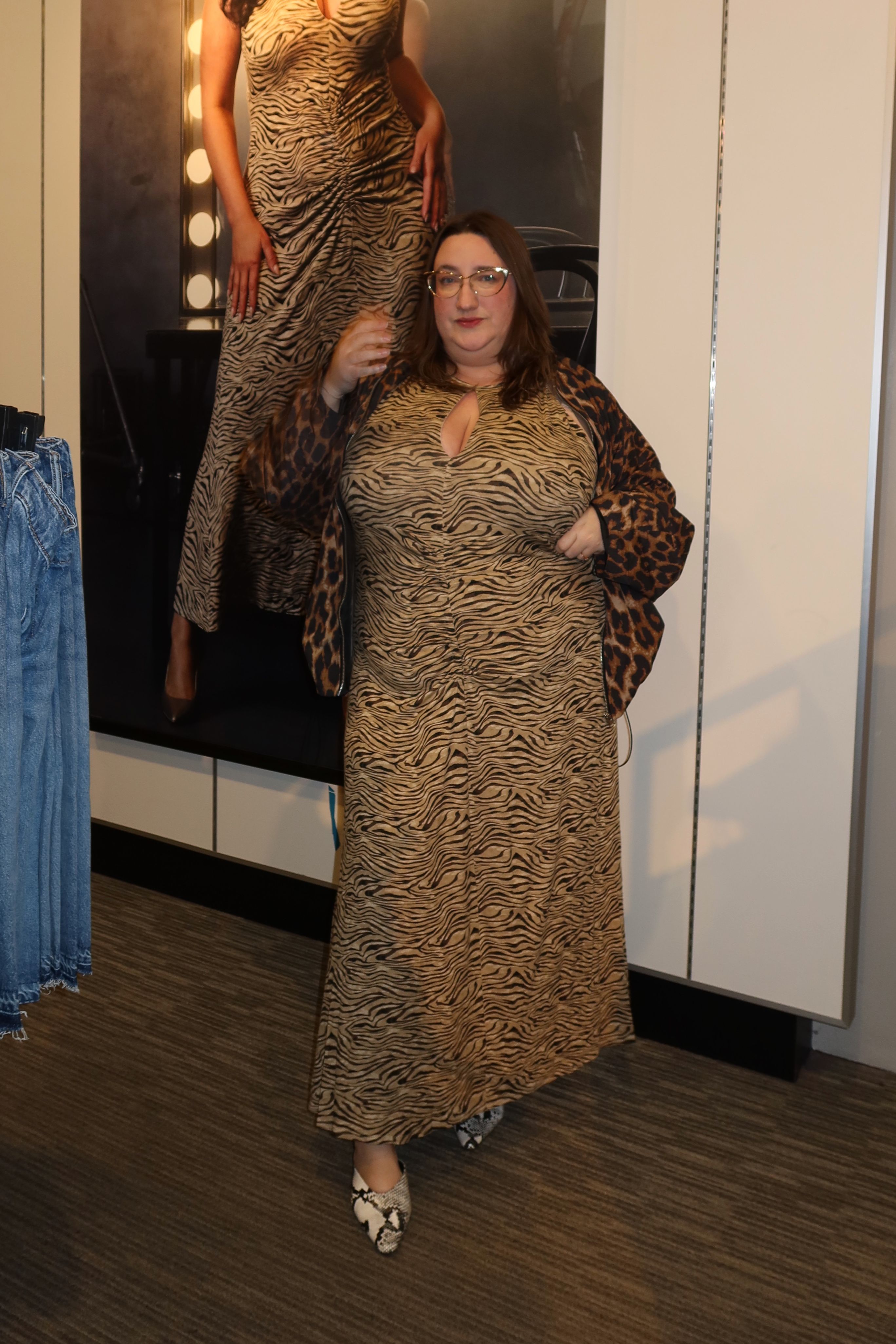 Sarah Chiwaya wears an Ashley Graham for JCPenney animal print dress