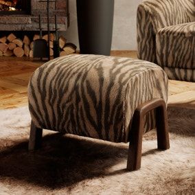 Zebra Print Faux Fur Curved Wooden Footstool