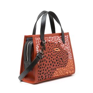Simon Baked City Brown Leather Small Handbag - Retro Tiger Print