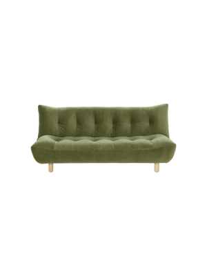 Green velvet sofa bed with wooden feet