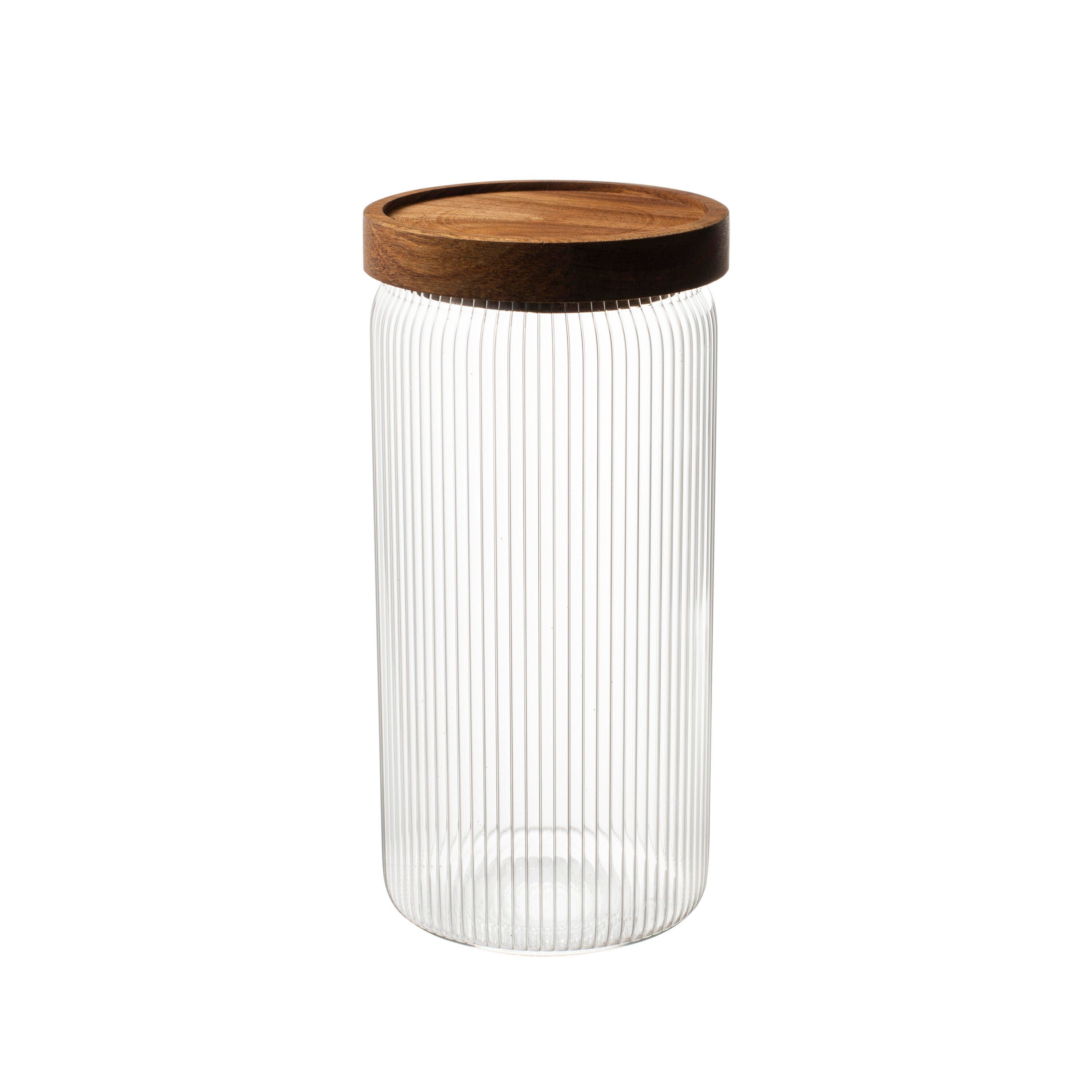 Fine Ribbed Glass Storage Jar With Acacia Lid 1l