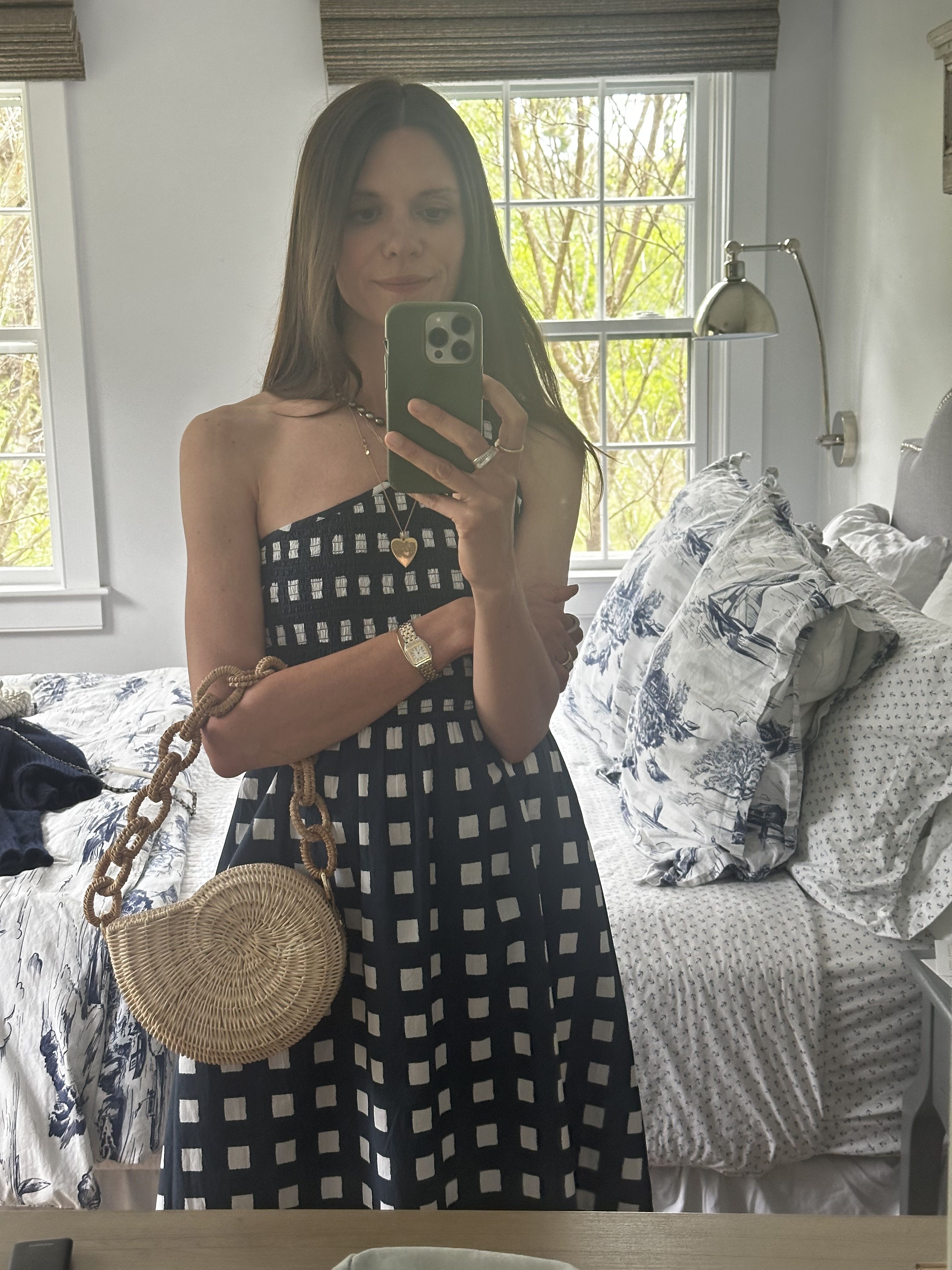 Julia Gall wears a checked dress for an evening in Nantucket