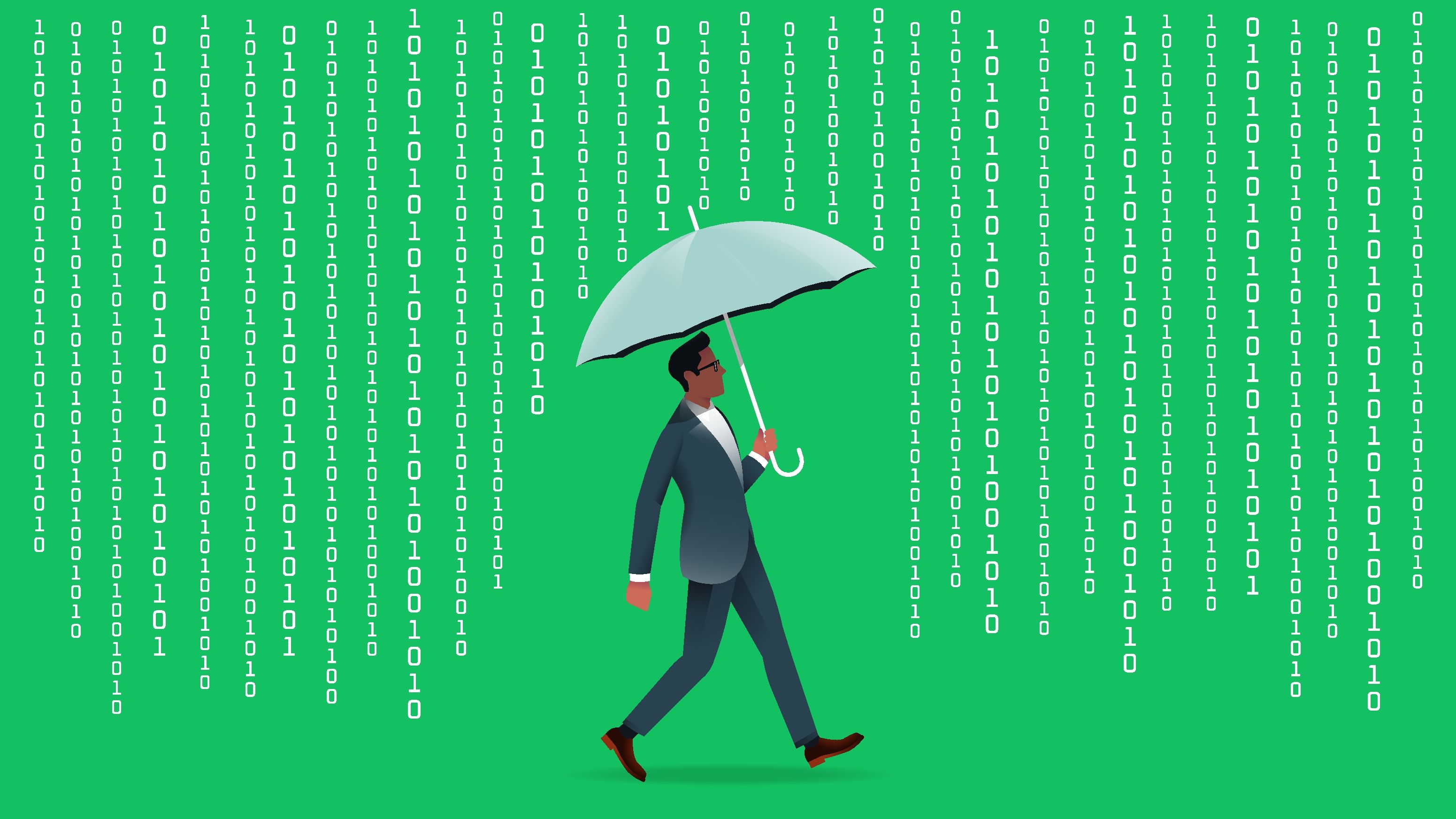 a man walking with an umbrella symbolizing he's protecting his data from outside influences