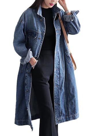 Jofemuho Womens Classic Jean Jacket Plus Size Loose Long Sleeve Button Down Denim Trench Coat Blue 4xl