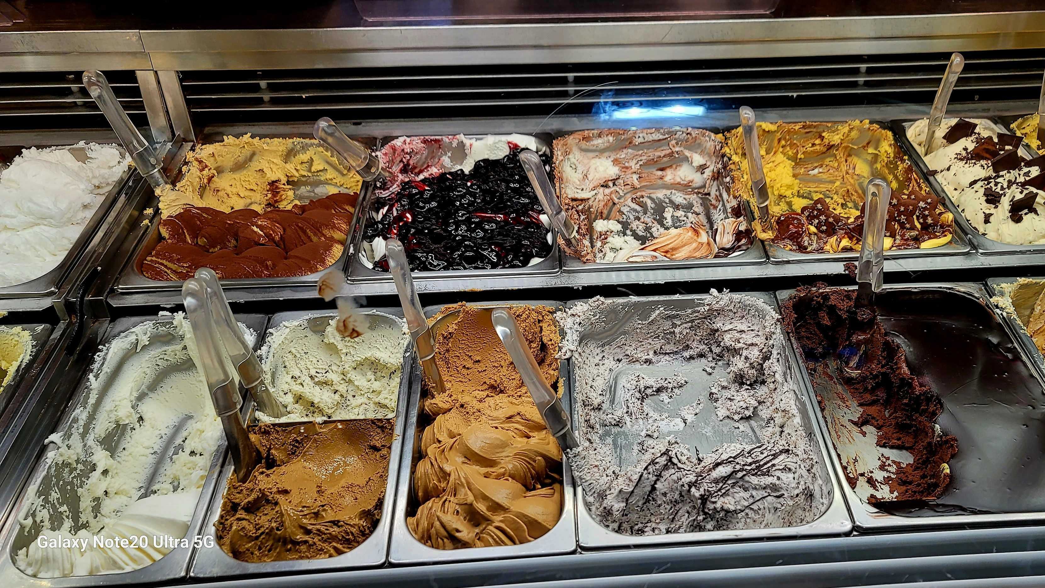 A close-up view of various gelato flavors from a shop in Centro Storico, Rome.