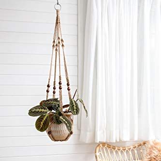 Mkouo Plant Hanger Indoor Hanging Planter Basket Flower Pot Holder Jute Rope With Beads 89cm