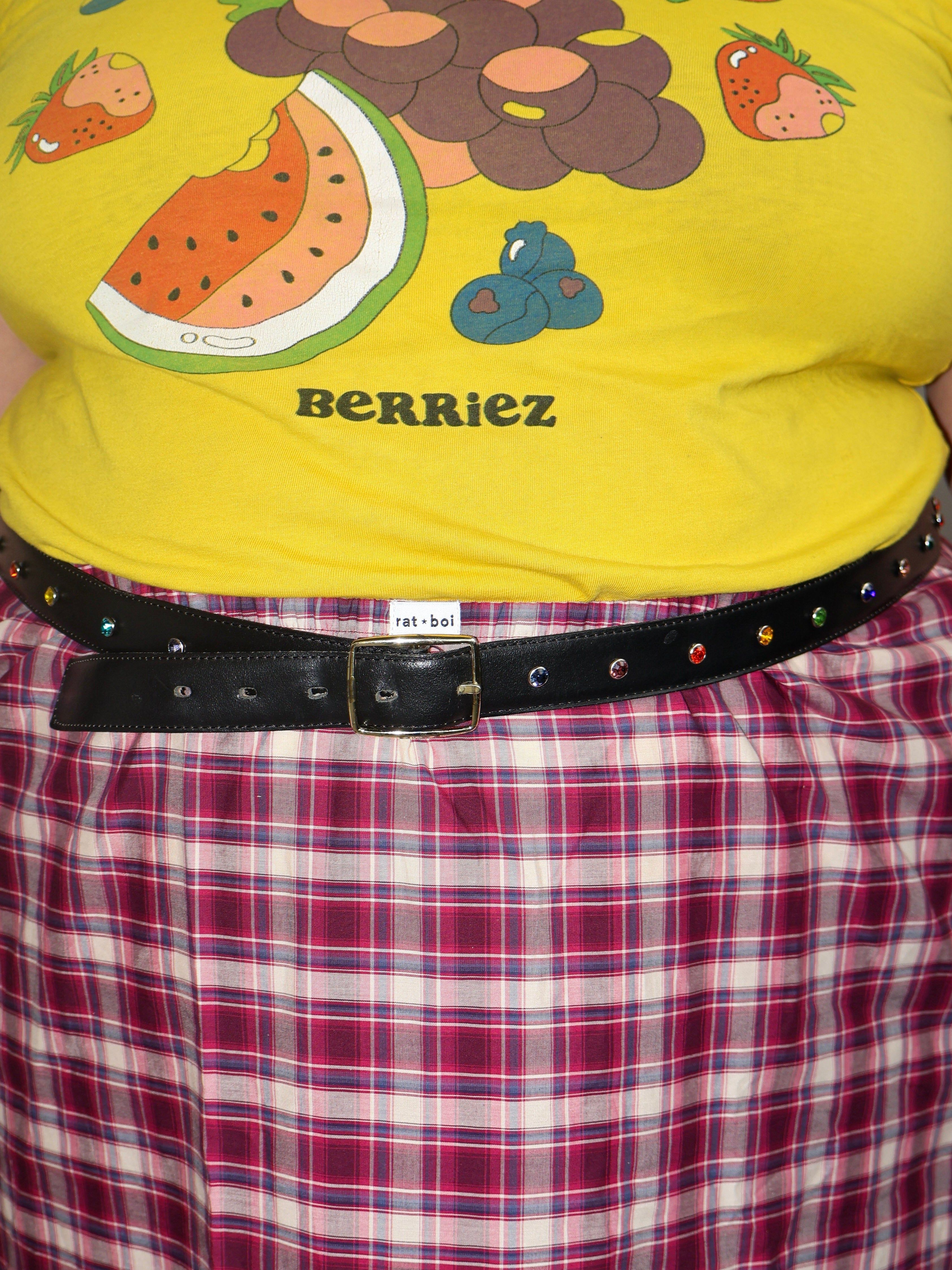 Lazy Sundays Home - Black Leather Belt With Rainbow Rhinestones (49-53")