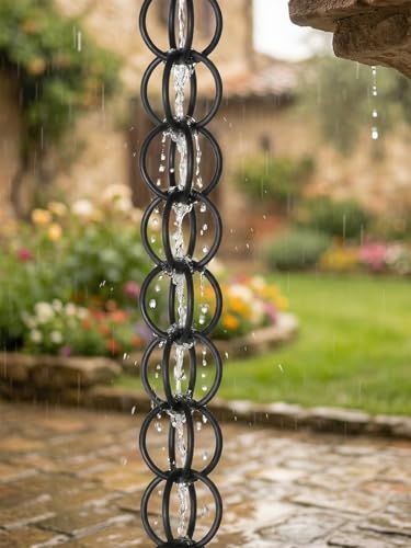 Poxvythb Black Rain Chains for Outside, Hanging Rain Water Catching System for Gazebo Balcony With Metal Double Loop Rain, Aluminum Alloy Rain Gutter Chain Waterfall(7.2ft)