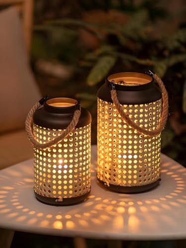 Nuptio Lantern With Farmhouse Metal Rattan: Set of 2 Modern Boho Pillar Candle Holder - Hanging Rustic Home Decor for Outdoor Porch Patio Table Centerpiece