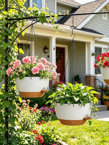 Wsmksz 20 Cm Small Self Watering Hanging Planters Indoor Outdoor, 2 Pack Plastic Hanging Plant Pots With Drainage Holes &amp;amp; Removable Reservoir, Hanging Baskets for Balcony Porch and Flower, White Brown