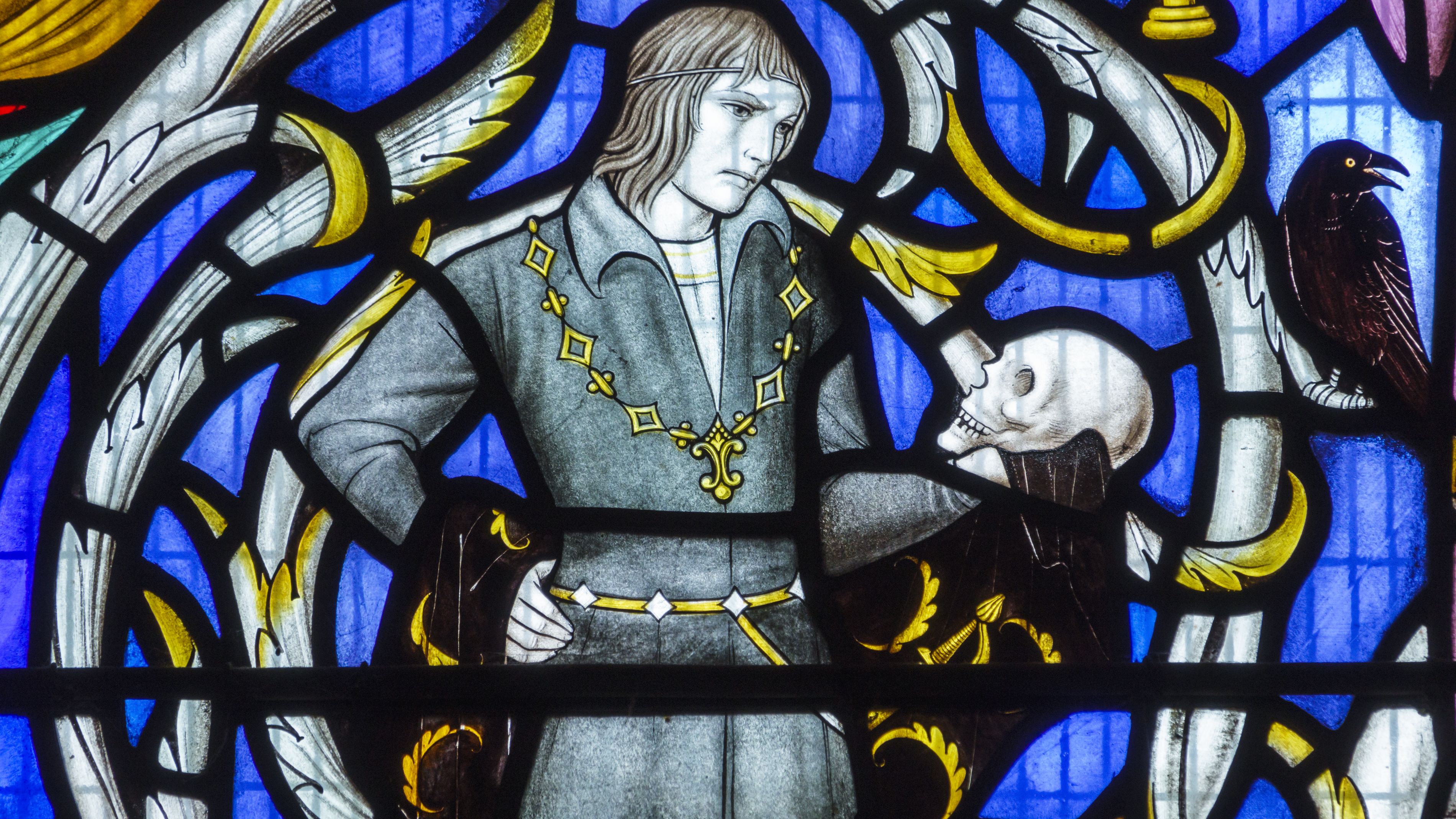 United Kingdom Great Britain England, London, South Bank, Southwark, Southwark Cathedral, Christian Anglican Diocese church, William Shakespeare stained glass windows, Hamlet, play scene, prince holding skull,