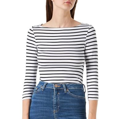 Amazon Essentials Women's Slim-Fit 3/4 Sleeve Solid Boat Neck T-Shirt, White Stripes, L