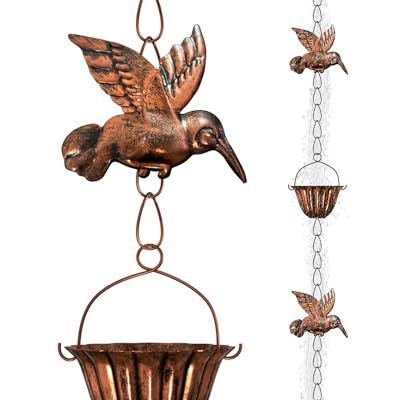Innowarmer 8.8ft Rain Chains for Gutters Outside, Rain Catcher Chain With 6 Metal Cups &amp;amp; Hummingbird Decor, Adjustable Hanging Rain Hutter Chain Downspout Substitute for Garden Drainage &amp;amp; Eaves