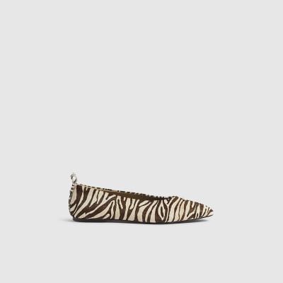 White Leather Zebra Pointed Toe Ballet Shoes
