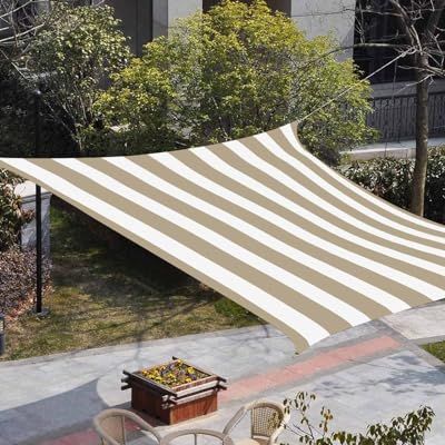 Risqiten Beige Striped Sun Shade Sail 14'x18' Rectangle Outdoor Shade Canopy, Modern Farmhouse Beige White Stripes Porch Shades Outdoor Sun Blocking Screen, Sunshade Cloth Covers for Deck/patio/garden