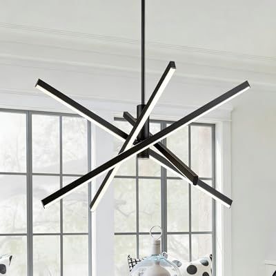 Modern Chandelier Sputnik Ceiling Light Fixture Over Dinning Table, 31" Black Sputnik Chandeliers for Kitchen Island Ceiling, 4-Light Linear Pendant Led Lights for Living Room, Foyer, Bedroom, Office
