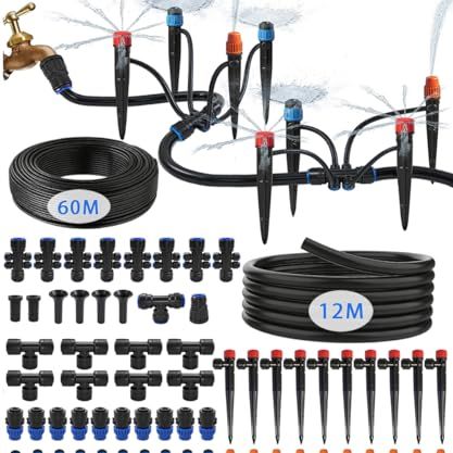 72m Irrigation System Kit for Garden With 40 Nozzles, Quick-Connect Garden Watering System With 1/2" &amp;amp; 1/4" Fast-Lock Tube. for Greenhouse, Raised Garden and Potted Plants (12m+60m)