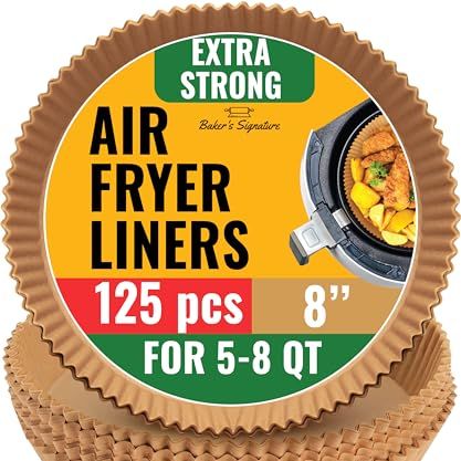 Air Fryer Liners for Ninja, 125 Pcs Round Disposable Airfryer Paper Liners &amp;ndash; Non-Stick and Oil Proof for Easy Cleanup, Great for Oven, Pans &amp;amp; Baking &amp;ndash; 8 Inch for 5-8 Qt Basket by Baker's Signature