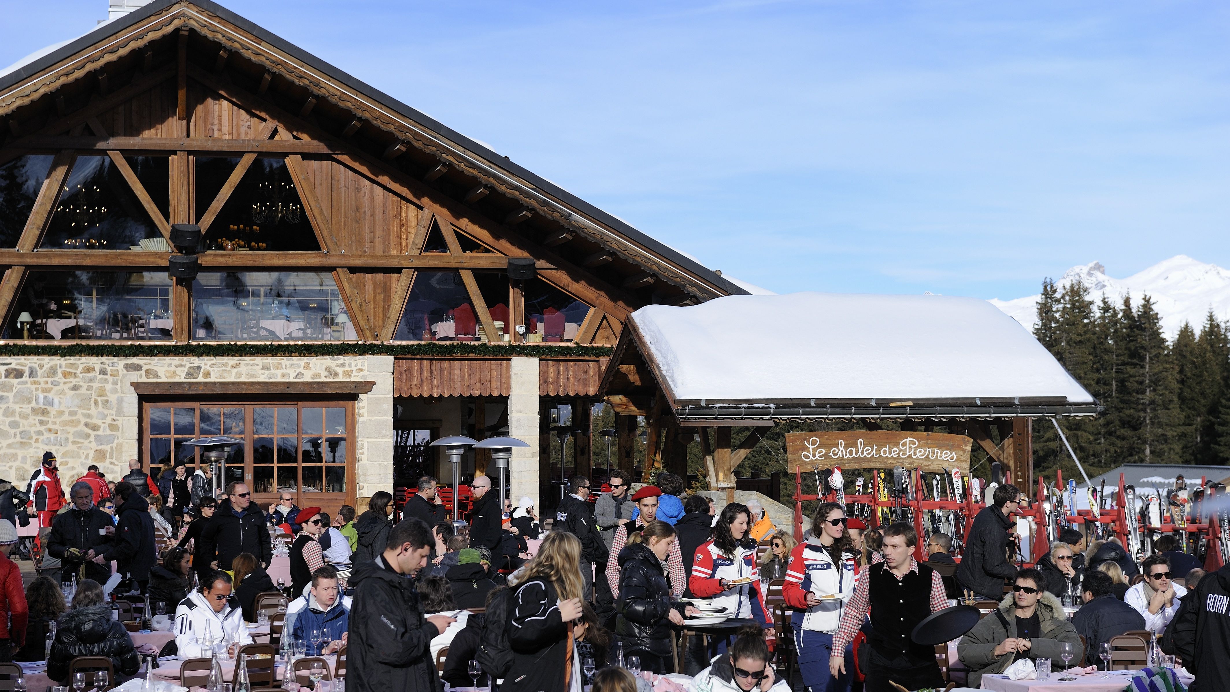 Mountain restaurant Le Chalet de Pierres, Courchevel 1850 ski resort, Trois Vallees skiing area, Tarentaise valley, Savoie department, Rhone Alpes region, France.