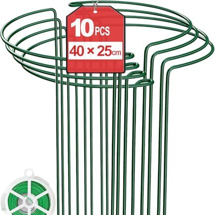 Toypopor 10pcs 10'' X 16'' Plant Support Stakes, Metal Garden Plant Stakes, Half Round Plant Support Ring Cage for Peonies Monstera Hydrangeas Roses Sedum Vegetables Tomatoes (25&amp;times;40cm)