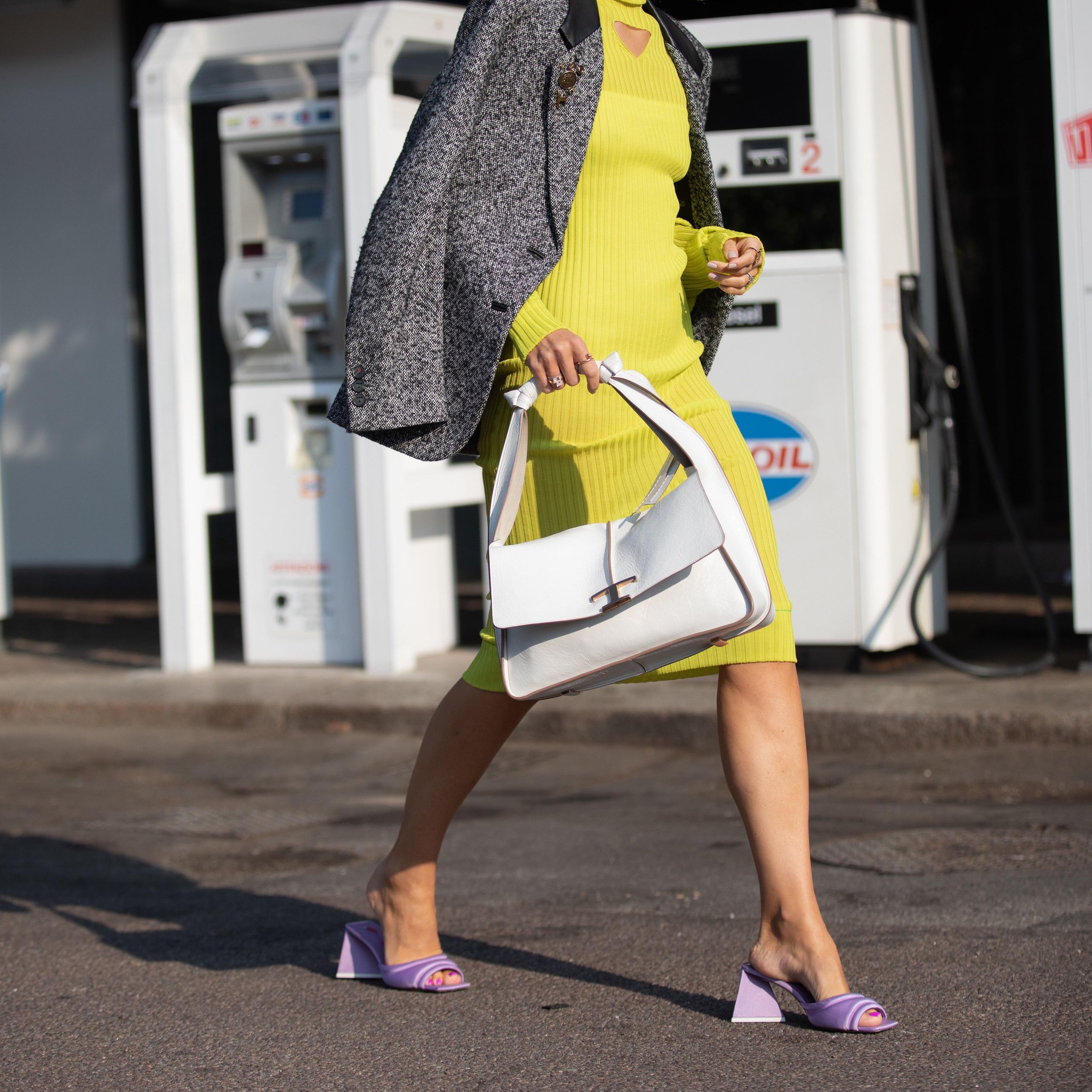 purple dress and yellow shoes The 25 Best Purple Heels That Are Chic and Affordable