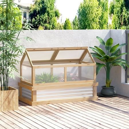 Outsunny Raised Garden Bed With Polycarbonate Greenhouse, Wooden Garden Cold Frame Greenhouse, Flower Planter Protection, 48" X 24" X 32", Natural