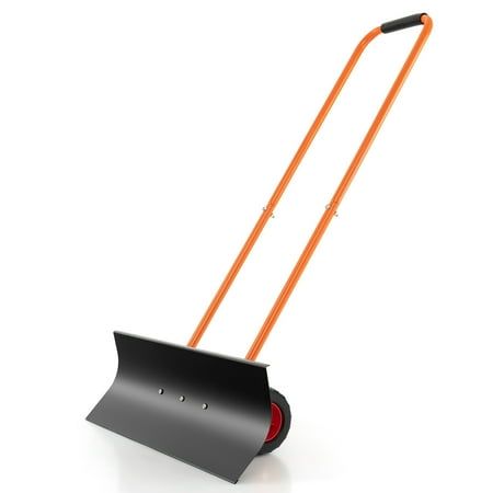 Costway 30&quot; Snow Shovel Heavy-Duty Metal Adjustable Height Wheeled Snow Removal Pusher
