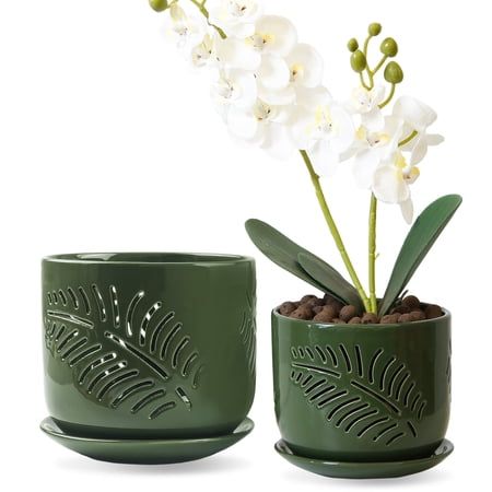 Green Palm Leaf Ceramic Orchid Pot Set, 5 &amp;amp; 6 Inch Breathable Planters With Holes for Repotting, Decorative Tropical Style Flower Pot With Tray for Indoor Plants