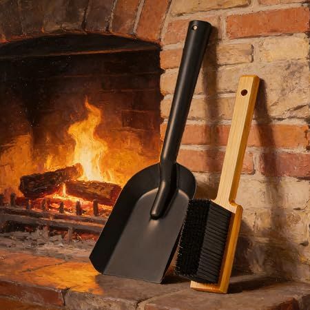 Kingson Compact Black Fireplace Ash Shovel and Brush Set &amp;ndash; Durable Steel Dustpan and Brush for Fireplaces, Stoves, and Coal Cleaning