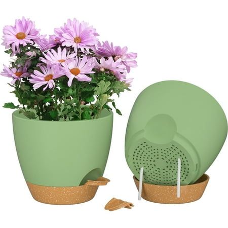 Fiason 2 Pack Plastic 8 Inch Green With Brown Self Watering Plant Pots for Indoor Outdoor, Flower Pots Include Drainage Holes and Saucer