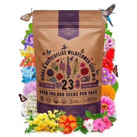 Organo Republic 23 Wildflower Seeds Annual &amp;amp; Perennial Mix for Indoor &amp;amp; Outdoors, Attract Birds &amp;amp; Butterflies 100,000+ Non-Gmo, Heirloom Garden Seeds, 4oz Packet for Growing Wild Flowers