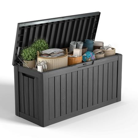 80 Gallon Resin Deck Box, Lockable Patio Outdoor Storage Box for Furniture, Garden Tools and Tools Storage, Waterproof Outside Storage Boxes