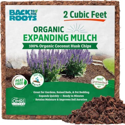 Back to the Roots 100% Organic Mulch, 58 Quart (2 Cubic Ft), Expanding Coconut Husk Block for Gardening