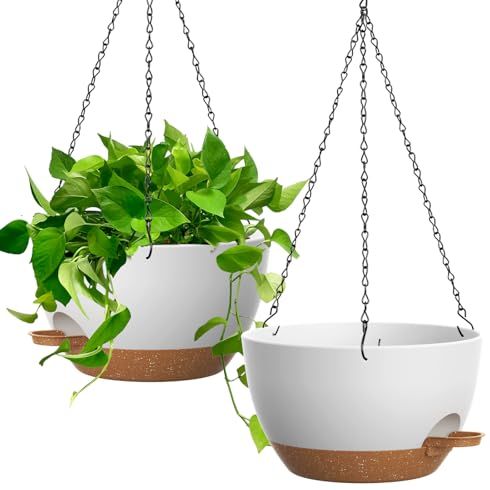 Uouz 13 Inch 2 Pack Large Self Watering Hanging Planters for Indoor Outdoor Plants, Hanging Plant Pots With Removable 50 Oz Reservoir, Plastic Hanging Basket for Window Porch Garden, White With Brown