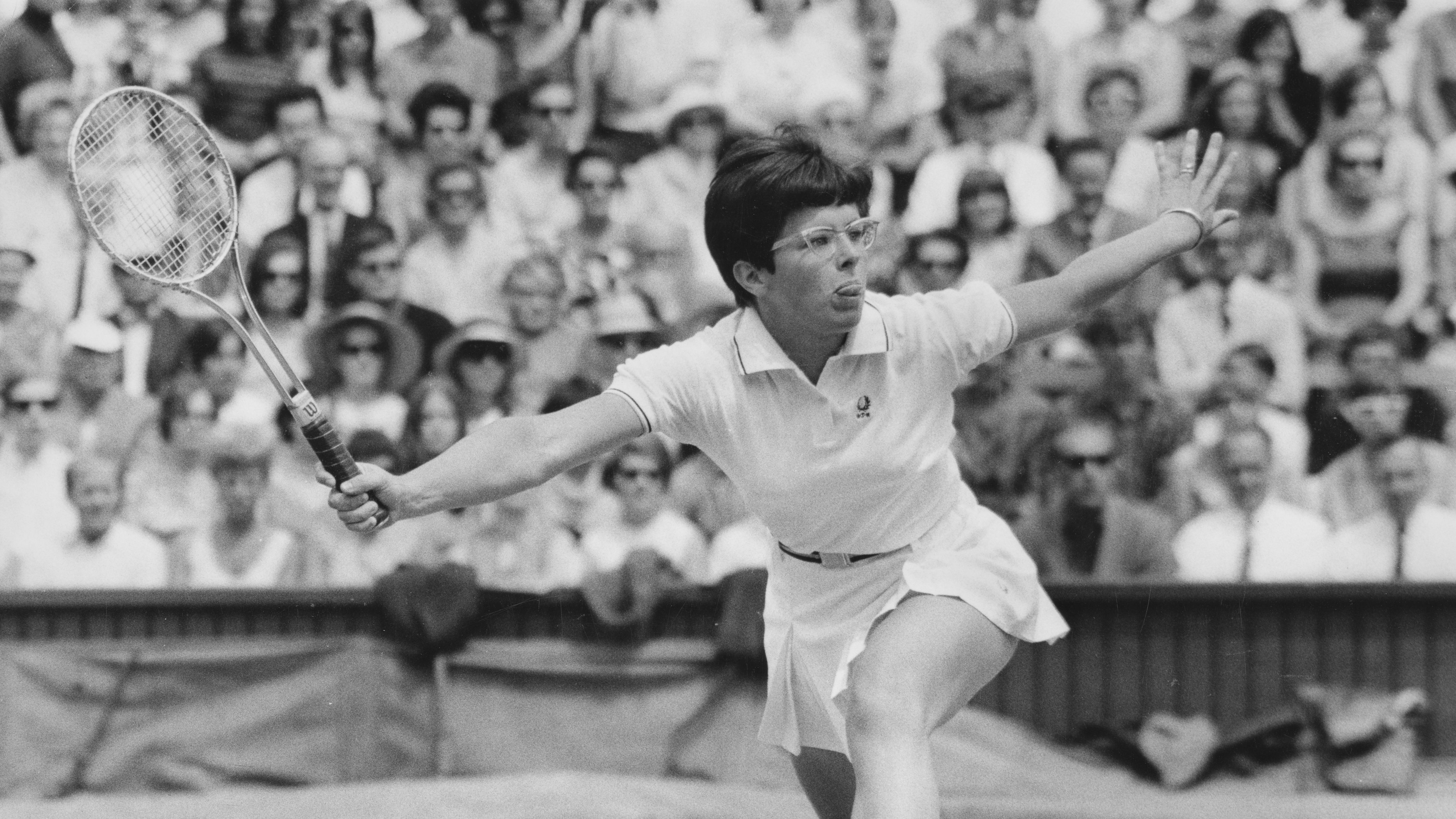 Billie Jean King of the United States plays a forehand return to Judy Tegart of Australia during their Women&amp;amp;apos;s Singles Final match at the Wimbledon Lawn Tennis Championship on 5th July 1968 at the All England Lawn Tennis and Croquet Club in Wimbledon, London, England. Billie Jean King won the match and championship 9&amp;ndash;7, 7&amp;ndash;5. (Photo by Leonard Burt/Central Press/Hulton Archive/Getty Images)