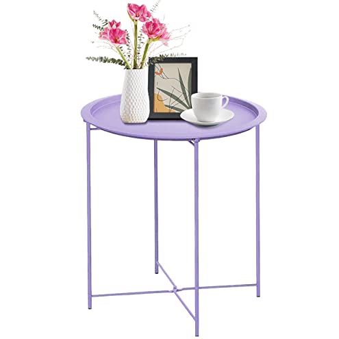 Garden 4 You End Table Metal Side Table Purple Round Folding Tray Cyan Sofa Small Accent Fold-Able Table, Round End Table Tray, Next to Sofa Table, Snack Table for Living Room and Bed Room