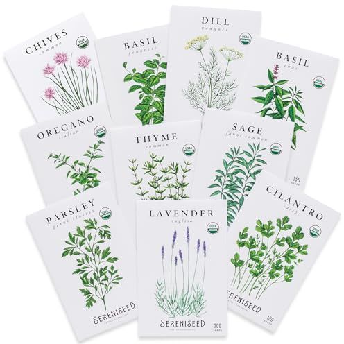 Sereniseed Certified Organic Herb Seeds (10-Pack) &amp;ndash; Non Gmo, Heirloom &amp;ndash; Seed Starting Video - Basil, Cilantro, Oregano, Thyme, Parsley, Lavender, Chives, Sage, Dill Seeds for Indoor &amp;amp; Outdoor Planting