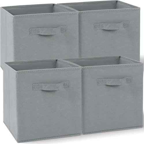 Amazing Tour Cube Storage Boxes, Foldable With Handles, 4 Pack | 27x27x27cm, Light Gray Fabric, Collapsible for Home Office Nursery, Clothes Basket Organizer, Lightweight &amp;amp; Stackable