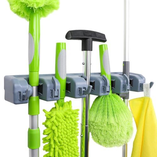 Amazon Basics Rectangular Heavy Duty Wall Mount Broom and Mop Holder, Sturdy Tool Organizer With Hooks and Slots for Garage, Garden, Laundry, Kitchen Organization, 2.36 X 16.9 X 3.35 In, Gray