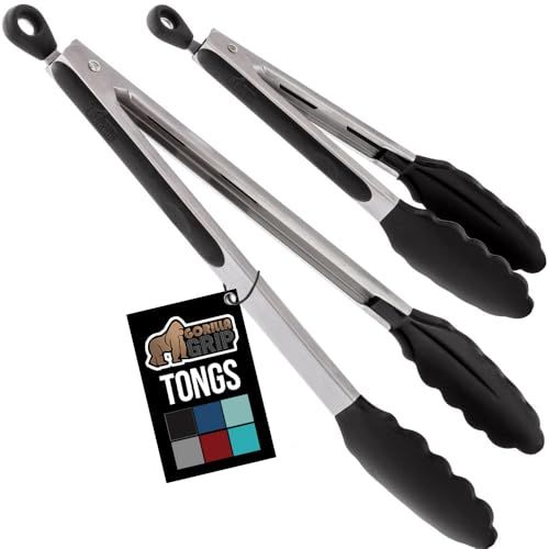 Gorilla Grip Stainless Steel Heat Resistant Kitchen Tongs for Cooking, Set of 2 Bbq Tong, Non Scratch Silicone Tip for Pans, Strong Grip, Grab Food, Toss Salad, Air Fryer, Pull Lock, 7 + 9 Inch, Black