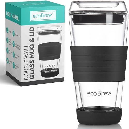 Ecobrew Glass Reusable Coffee Cups | Double Walled Insulated Cup for Hot and Cold Drinks | 16oz / 450ml Eco-Friendly Glass Travel Coffee Mug With Lid | Black