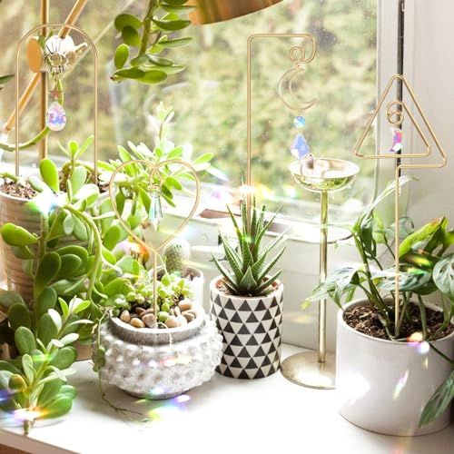 Wellsign Small Trellis for Potted Plants Indoor With Colorful Crystal Sun Catcher, 14.17 Inch Metal Plant Lattice for Mini Potted Plant Decoration for Home Window Garden 4 Pack