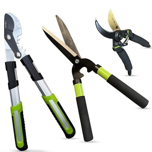 Garden Guru Hedge Shears Bypass Loppers Pruning Shears 3 Pc Set - Heavy Duty Comfort Grip Handles - Sharp Blades for Easy &amp;amp; Clean Cuts - Perfect Trimming Tool Kit